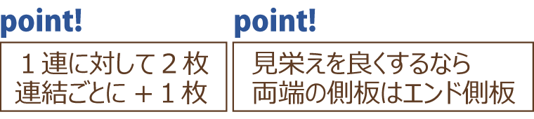 point! 一連に対して2枚連結ごとに+1/point!見栄えを良くするなら両端の側板はエンド側板
