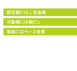 固定棚にはL型金具/可動棚には棚ピン/底板にはベース金具